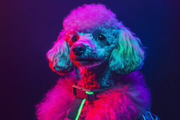 Wall Mural - Realistic lifelike poodle dog pup puppy in fluorescent electric highlighters ultra-bright neon outfits, commercial, editorial advertisement, surreal surrealism. 80s Era comeback