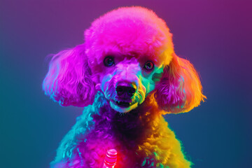 Wall Mural - Realistic lifelike poodle dog pup puppy in fluorescent electric highlighters ultra-bright neon outfits, commercial, editorial advertisement, surreal surrealism. 80s Era comeback