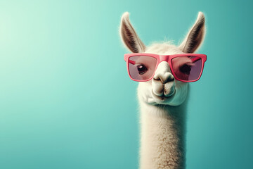 Creative animal concept. Llama in sunglass shade glasses isolated on solid pastel background, commercial, editorial advertisement, surreal surrealism