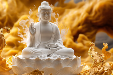 A serene white Buddha statue seated on a lotus flower surrounded by golden swirling elements creating a spiritual atmosphere