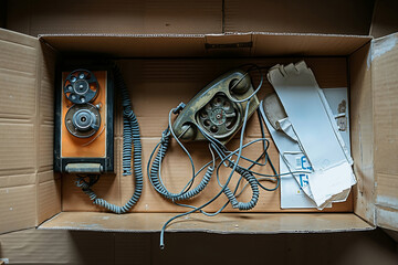 A box with an old fashioned telephone inside of it