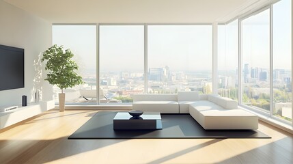 A modern apartment living room with large windows, showcasing natural light and minimalistic decor