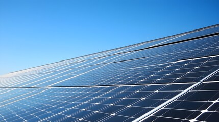 a close-up of a solar panel installation on a rooftop, reflecting sunlight, with a clear blue sky in