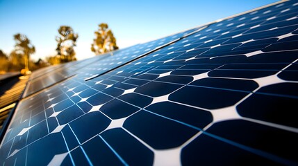 a close-up of a solar panel installation on a rooftop, reflecting sunlight, with a clear blue sky in