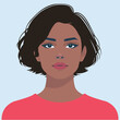 © Anshdeep - A minimalist vector portrait of a young woman with short dark hair, deep skin tone, and a red top. The illustration features a calm and confident expression with smooth shading and modern design.