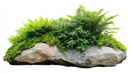 Wall Mural - a large rock covered in lush green ferns and plants, isolated on a white background.
