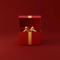 Display mockup of blank red display box with gold ribbon bow isolated on a dark red background