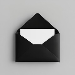 A blank piece of white paper or card in an unfolded black envelope, isolated on a black background with a minimal letter concept rendered in 3D