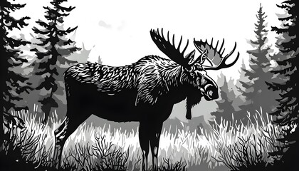 Wall Mural - Majestic moose in a serene black and white forest landscape illustration