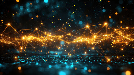 a striking array of bright lights and lines forms a dynamic network, evoking themes of technology an