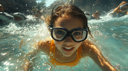 Underwater, a young girl wearing goggles swims happily, enjoying a fun experience in a vibrant water park with friends