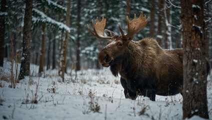 Wall Mural - Moose in a snowy forest setting