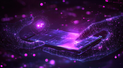 Wall Mural - Two hands are transferring energy around a smartphone, surrounded by glowing purple particles, showcasing advanced digital interaction