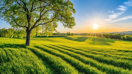 A lone tree stands tall in a green field at sunset, with the sun casting a golden glow over the landscape.