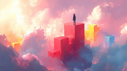 A solitary figure overlooks creatively stacked colorful blocks amidst a captivating cloudscape during a vivid sunset