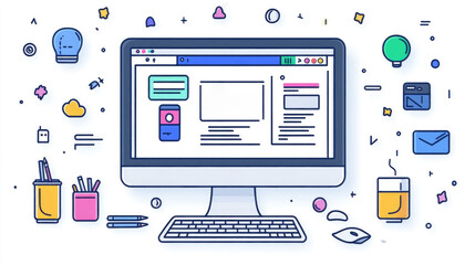 A modern computer screen showcases a website layout with vibrant digital icons and tools surrounding it in a creative workspace