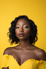 A portrait of a beautiful, positive woman in a yellow studio.