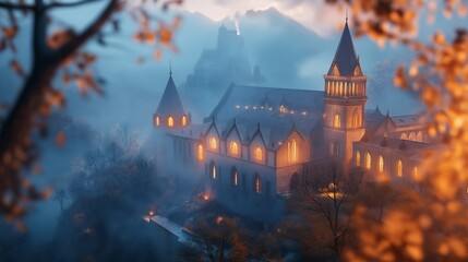 A fairytale castle stands tall in the mist, its windows glowing with warm light.