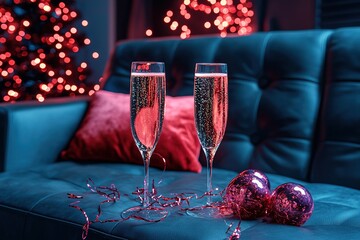 Two glasses of champagne on a couch with a red pillow and two pink balls