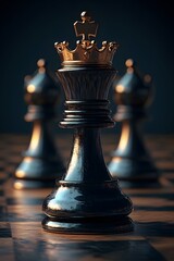 A chess piece in the shape of a king with a crown on top standing between two other pieces, emphasizing the contrast between light and dark tones, balck background