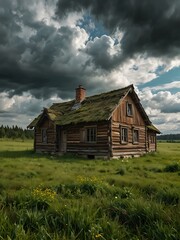 Picturesque abandoned wooden cottage in a green meadow under a cloudy sky.