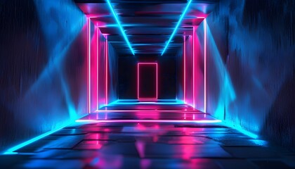 Futuristic three-dimensional neon blue graphic border with pink frame, featuring electric parallelogram shapes and a vibrant 3D background in a contrasting black backdrop