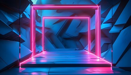 Futuristic three-dimensional neon blue graphic border with pink frame, featuring electric parallelogram shapes and a vibrant 3D background in a contrasting black backdrop