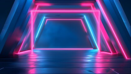 Futuristic three-dimensional neon blue graphic border with pink frame, featuring electric parallelogram shapes and a vibrant 3D background in a contrasting black backdrop