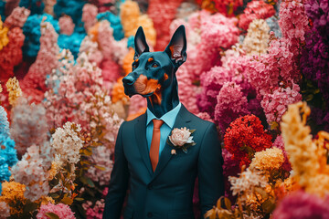 Creative animal concept. A doberman in smart suit, surrounded in a surreal garden full of blossom flowers floral landscape. advertisement commercial editorial banner card, art creative