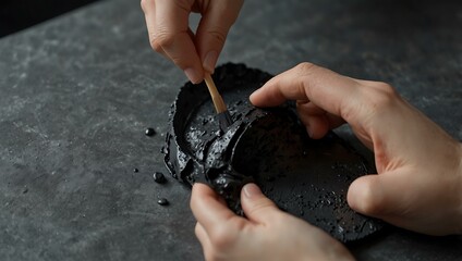 Preparing a black cosmetic mask on a gray surface.