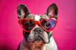 © Irina - Charming French bulldog with heart-shaped sunglasses against a vibrant pink backdrop. Generative AI