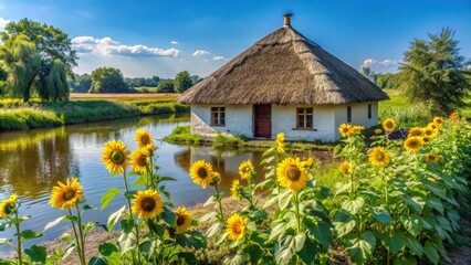 Ukrainian white hut surrounded by sunflowers and a serene river landscape. Generative AI