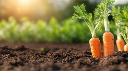 Freshly harvested carrots standing upright in rich soil during a sunny afternoon in the garden