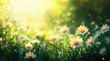 Wall Mural - Serene Meadow of Blooming Flowers in Gentle Light