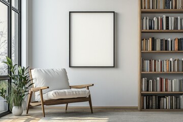 Minimalist Living Room with Wall Mounted Bookshelf and Square Frame