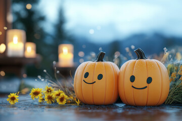 Wall Mural - two smiling pumpkins with simple, cute faces surrounded by yellow flowers, set outdoors with glowing