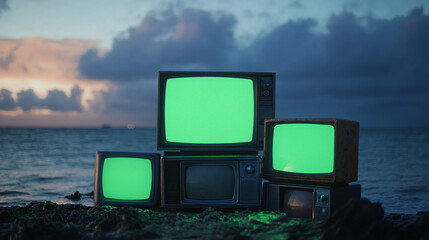 stacks of old classical tv green screen monitors outdoors stack of old tevesions on the beach natural landscape blue sea sky 3d rendered atmosphere