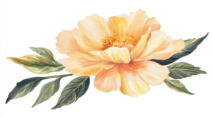 Poster - A single peach-colored peony flower with green leaves isolated on a white background.