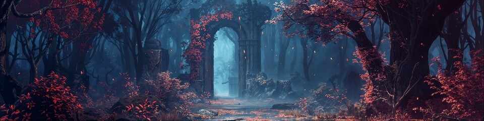 Wall Mural - Fantasy Forest Landscape Background Panorama Concept Drawing image HD Print Neo Game Art V12