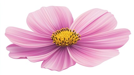 Wall Mural - A single pink cosmos flower with a yellow center isolated on a white background.