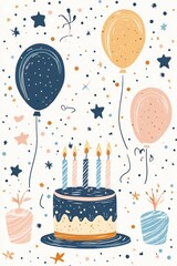 celebration illustration, colorful birthday party illustration featuring doodle-style balloons, cakes, and candles in soft pastel hues for a festive vibe