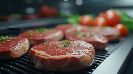 Sticker - Grilling various cuts of meat on a barbecue in a busy kitchen during a sunny afternoon