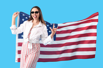 Sticker - Young woman with USA flag showing 