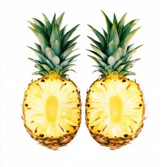 Wall Mural - Two pineapples cut in half, top view, on a white background, with vibrant colors