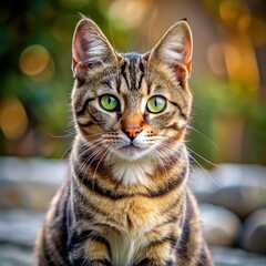 A curious tabby cat with bright green eyes gazes curiously outdoors in soft light. Generative AI