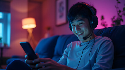 Happy asia man gamer wear headphone competition play video game online with smartphone colorful neon light in living room at night modern house. Esport streaming game online, Home quarantine activity.