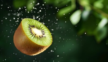 Floating kiwi slices with vibrant green leaves against a clean backdrop, showcasing fresh organic fruit rich in vitamins and minerals