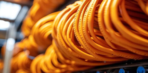 A close-up of orange data cables neatly arranged in a server rack