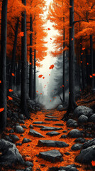 Sticker - A stone path leads through a forest with orange leaves.