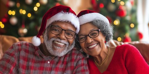 Sticker - A man and woman are posing for a picture in front of a Christmas tree. They are both wearing Santa hats and smiling